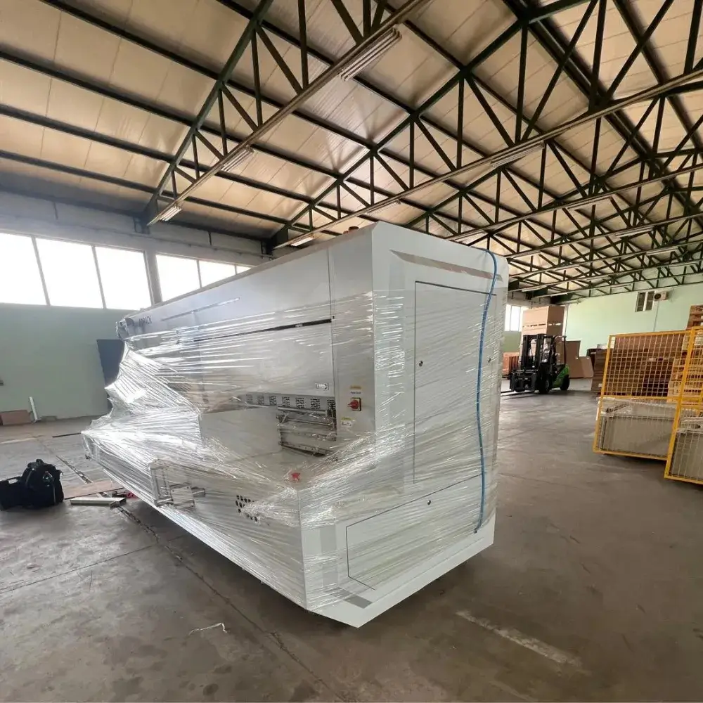 BM3000-HD box making machine secured and wrapped before relocation in Poland